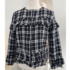 Storia Black White Tweed Raw Edge Open Front Crop Blazer Jacket